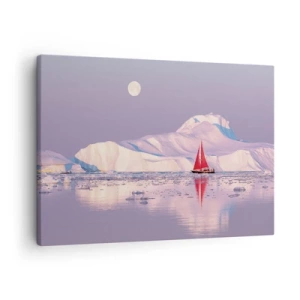 Canvas picture - A red sail against the backdrop of icy mountains and a full moon. - 70x50cm - Heat of the Sail, Cold of the Ice - Modern wall decoration for the living room and bedroom ARTTOR