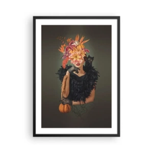Poster in black frame - Artistic portrait of a woman with flowers, a pumpkin, and a black cat. - 50x70cm - Charm of a Witch - Modern wall decoration for the living room and bedroom ARTTOR