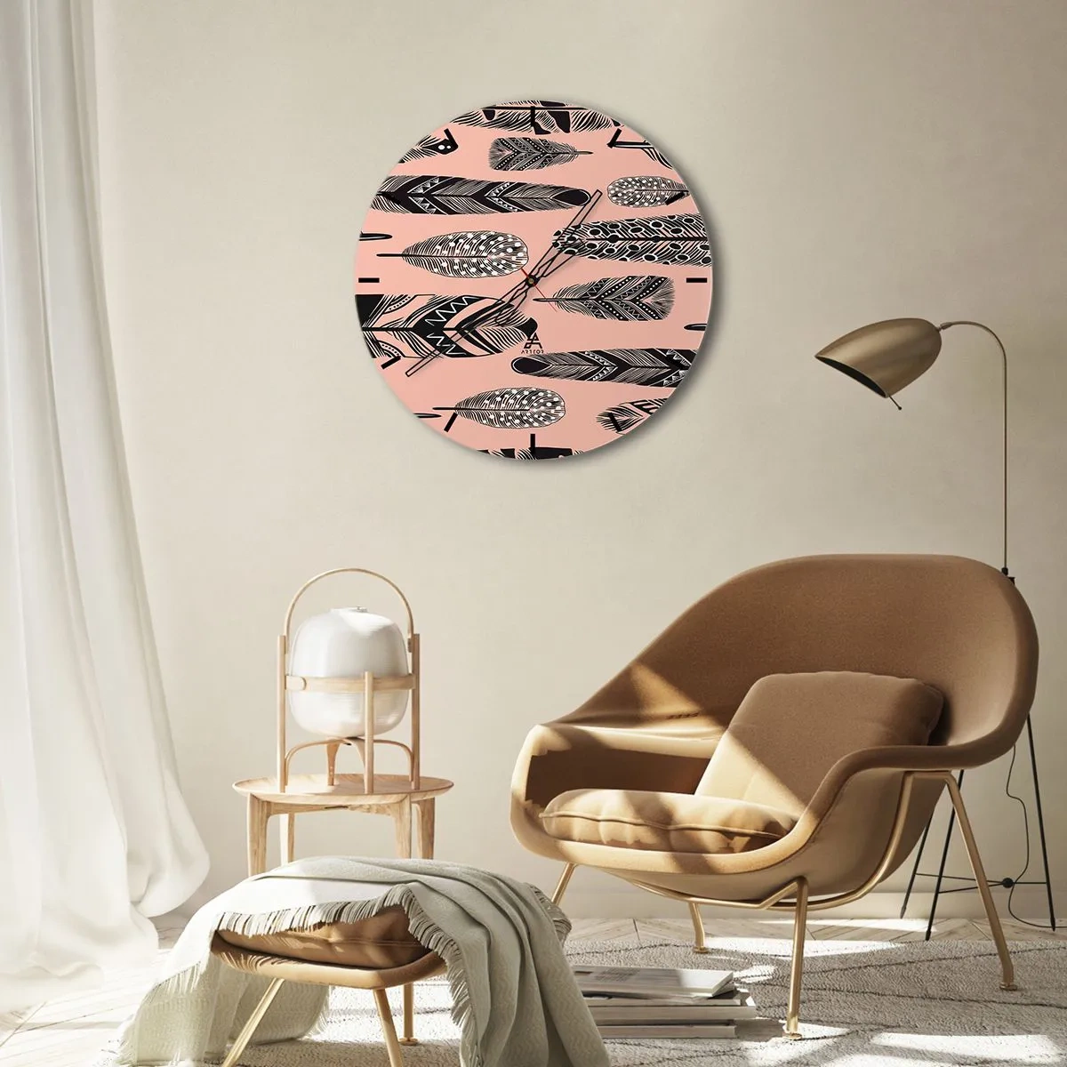 Wall clock - Clock on glass - Decorative motif of black feathers on a pink background - 30x30cm - Indian Collection - Modern wall decoration for the living room, kitchen, and bedroom ARTTOR