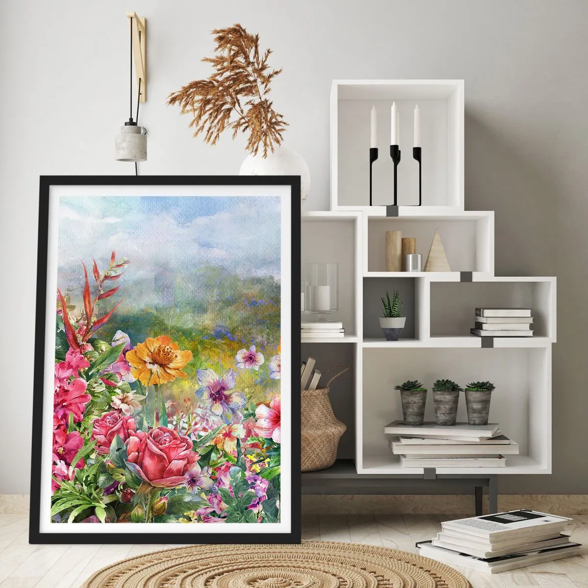 Poster in black frame - field of flowers on a sunny day - 50x70cm - Garden which Went Crazy - Modern wall decoration for the living room and bedroom ARTTOR