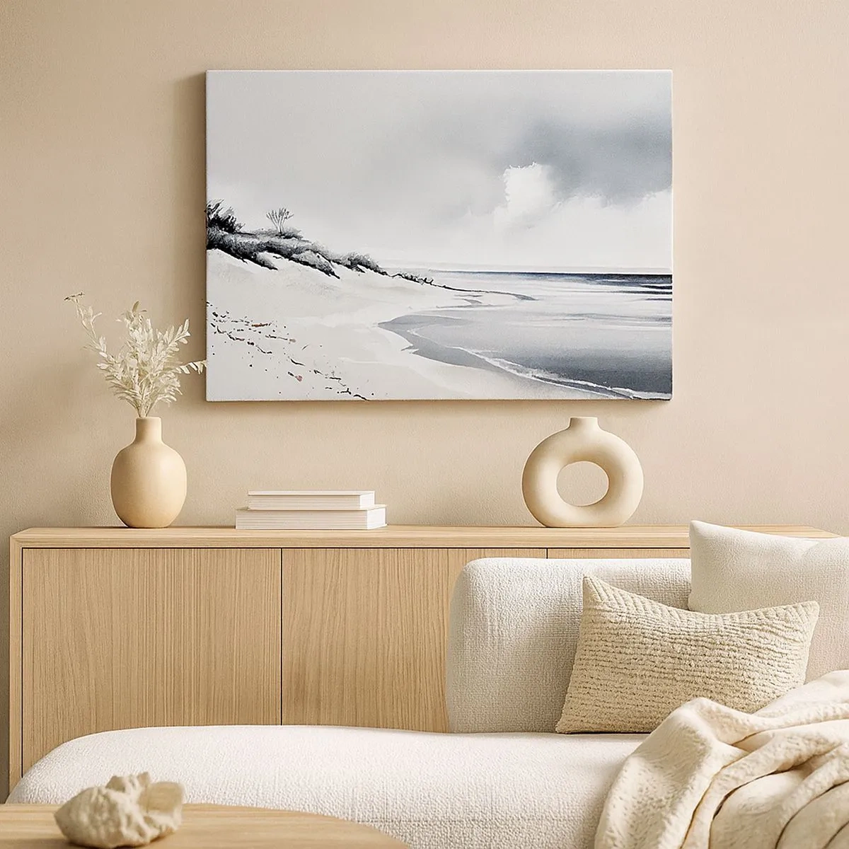 Canvas picture - A beach in subdued shades of gray and blue - 70x50cm - Always Together - Modern wall decoration for the living room and bedroom ARTTOR