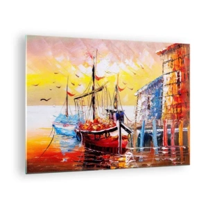 Glass picture - Colorful sailboats at sunset - 70x50cm - Happy Comeback - Modern wall decoration for the living room and bedroom ARTTOR