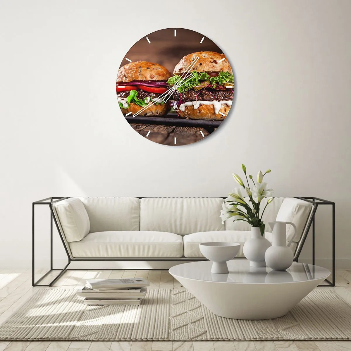 Wall clock - Clock on glass - Appetizing burgers on a wooden background - 30x30cm - American Dream - Modern wall decoration for the living room, kitchen, and bedroom ARTTOR