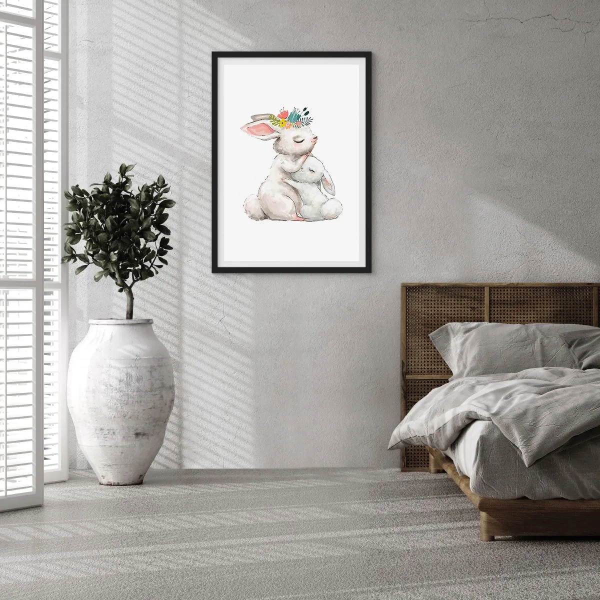 Poster in black frame - Two bunnies in an embrace with a flower wreath on their heads - 50x70cm - There's No Place Like at Mum's - Modern wall decoration for the living room and bedroom ARTTOR