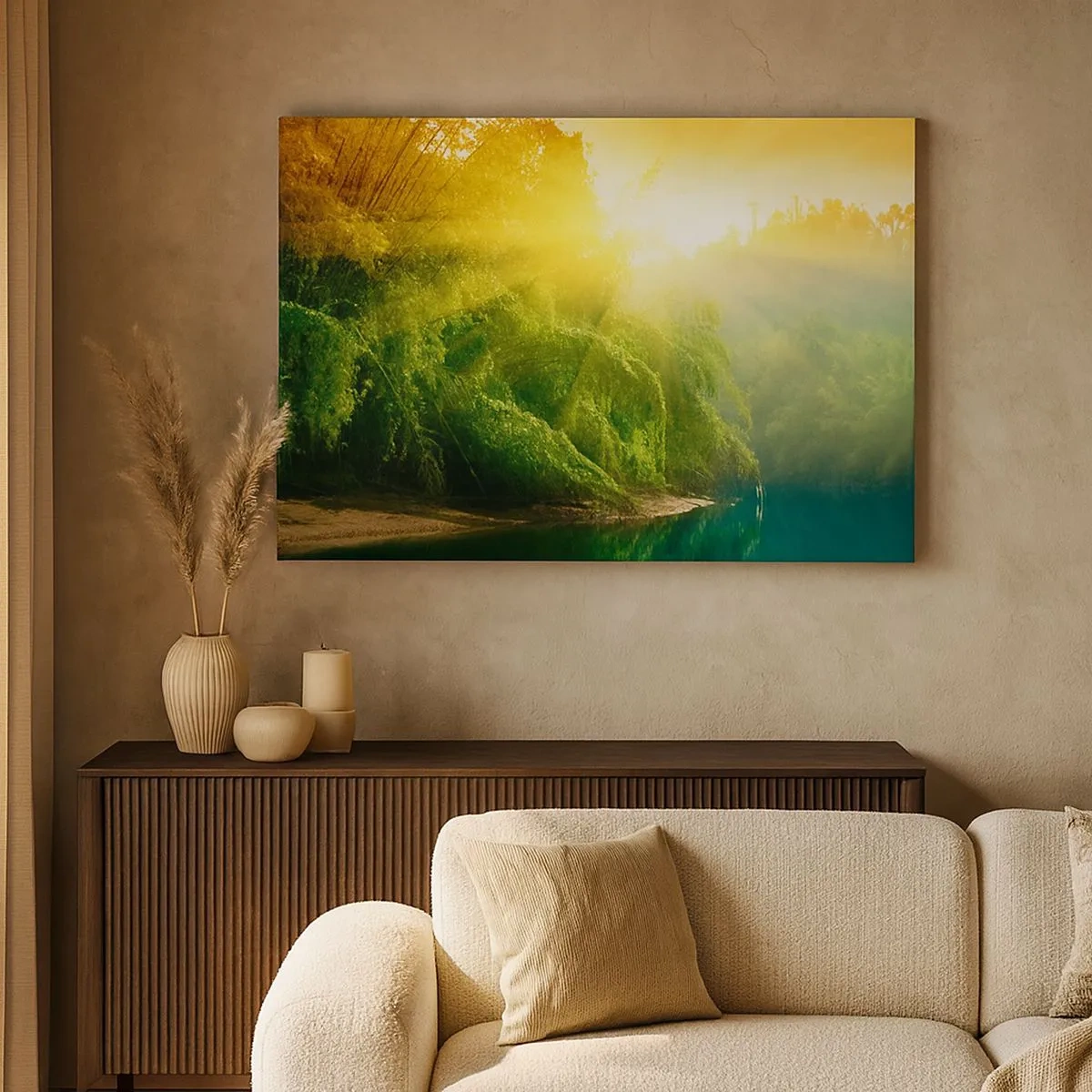 Canvas picture - A green forest by the river, illuminated by the rays of the rising sun - 70x50cm - Drowning in the Sun and Shadow - Modern wall decoration for the living room and bedroom ARTTOR