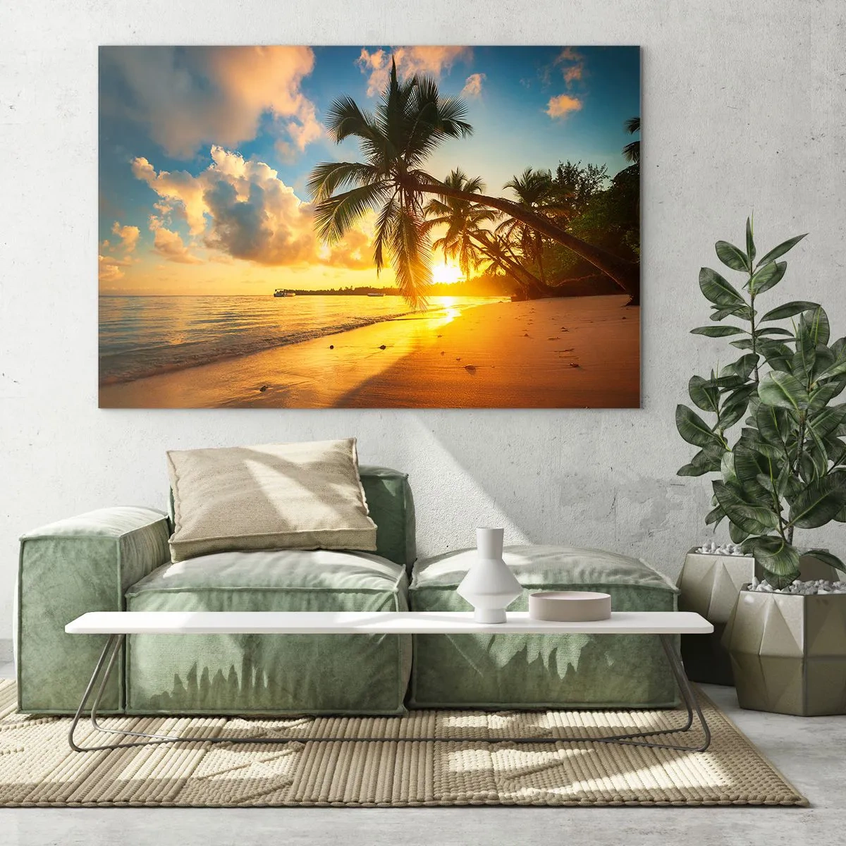 Glass picture - Tropical beach with palm trees at sunset - 70x50cm - Caribbean Dream - Modern wall decoration for the living room and bedroom ARTTOR