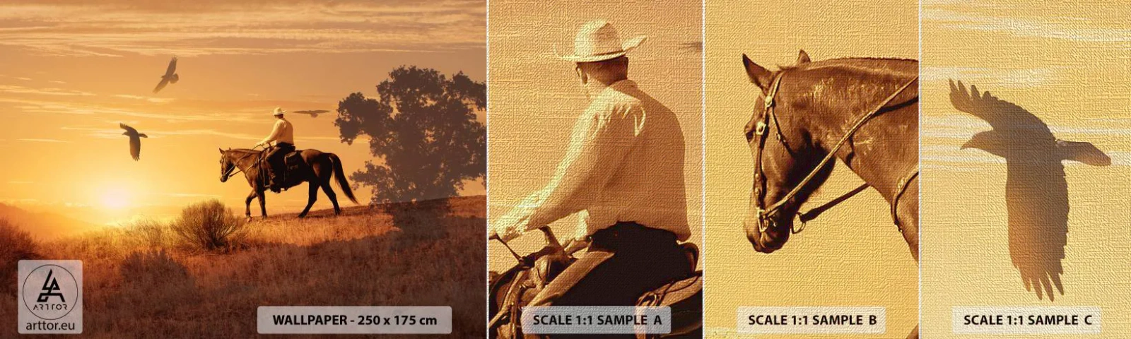 Photo Wallpaper Sample Premium Canvas - Alone through the Prairie - Horse, Cowboy, Landscape - 100x30 cm