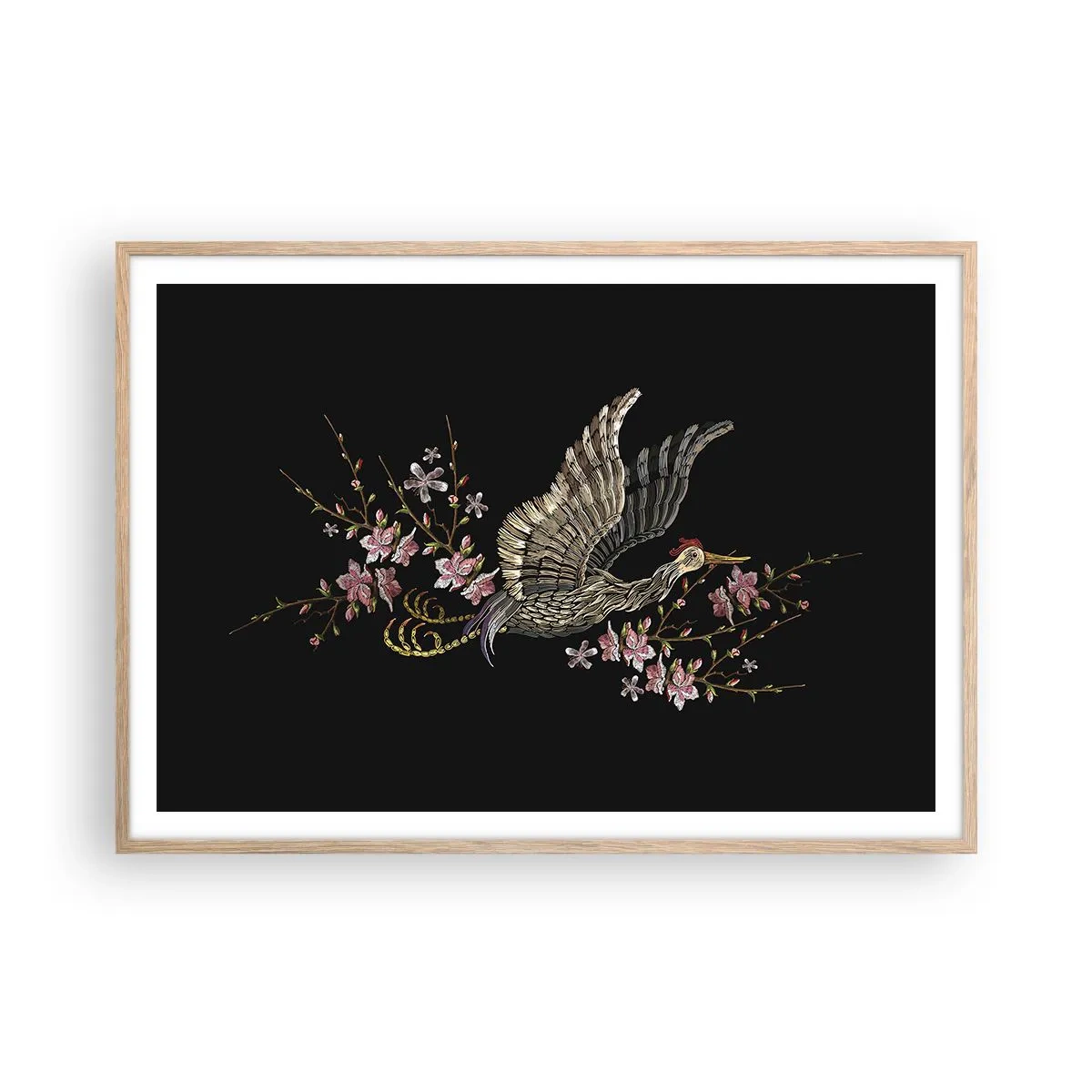 Poster in light oak frame - Exotic, Embroidered Bird - 100x70 cm