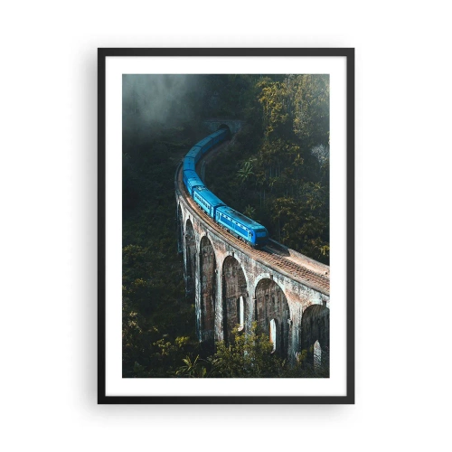 Poster in black frame - A blue train passing over a picturesque viaduct - 50x70cm - Train through Nature - Modern wall decoration for the living room and bedroom ARTTOR