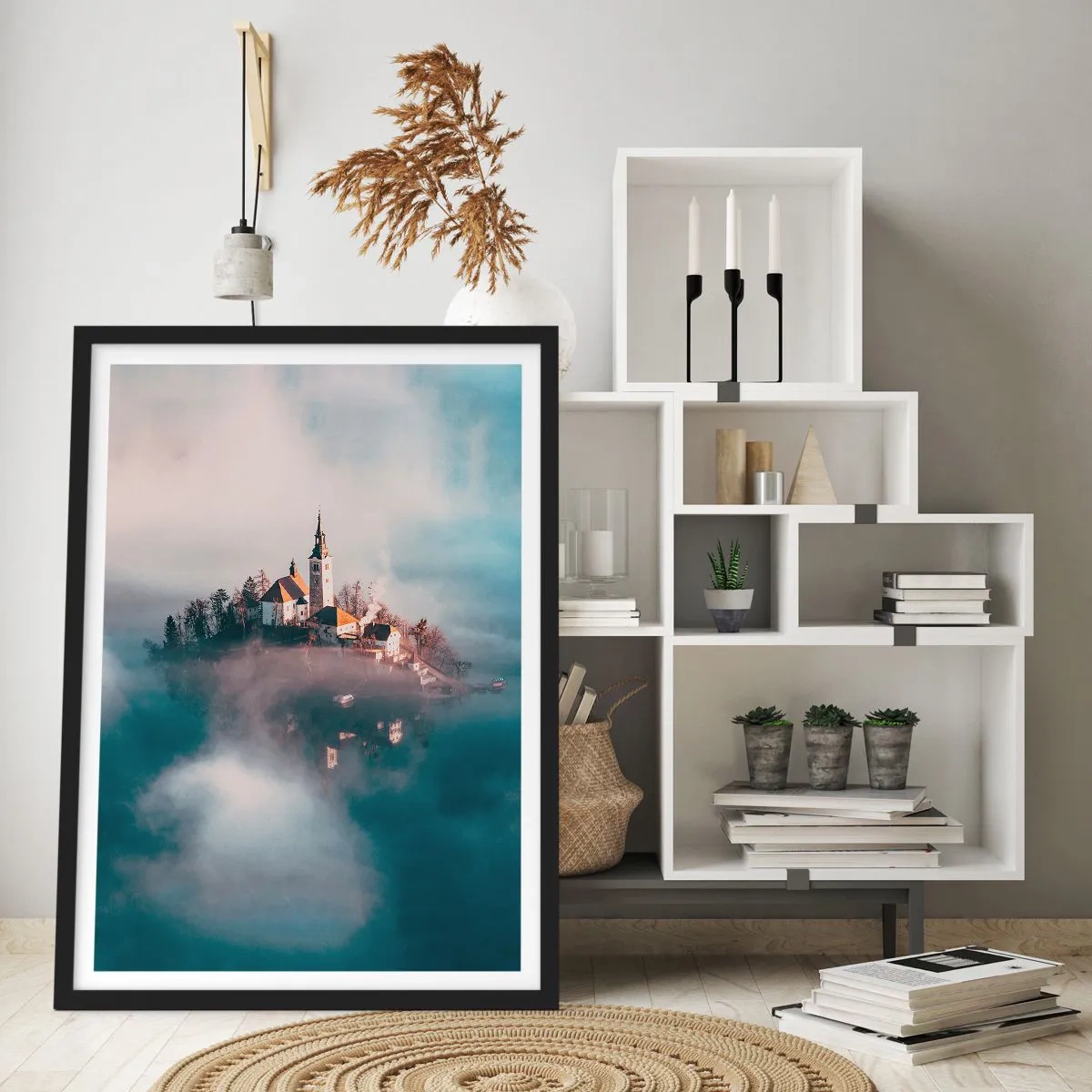 Poster in black frame - A church on an island surrounded by fog and water - 50x70cm - Island of Dreams - Modern wall decoration for the living room and bedroom ARTTOR