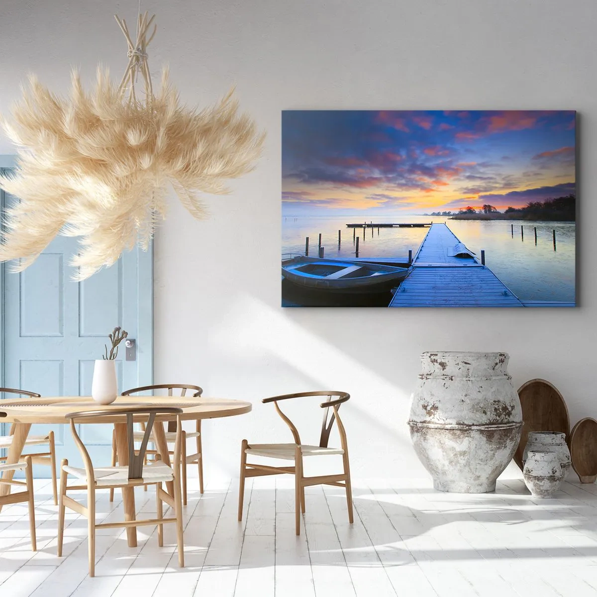 Canvas picture - A lakeside jetty at sunset with a boat at the shore - 70x50cm - Purple-Golden Peace - Modern wall decoration for the living room and bedroom ARTTOR