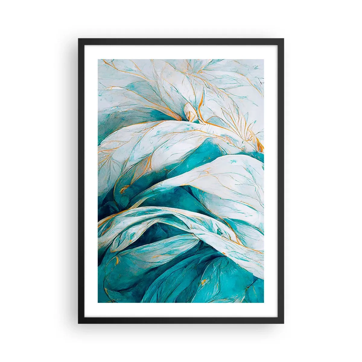 Poster in black frame - Abstract leaves in shades of turquoise and white with delicate gold - 50x70cm - Blue Abstract with a Golden Motif - Modern wall decoration for the living room and bedroom ARTTOR