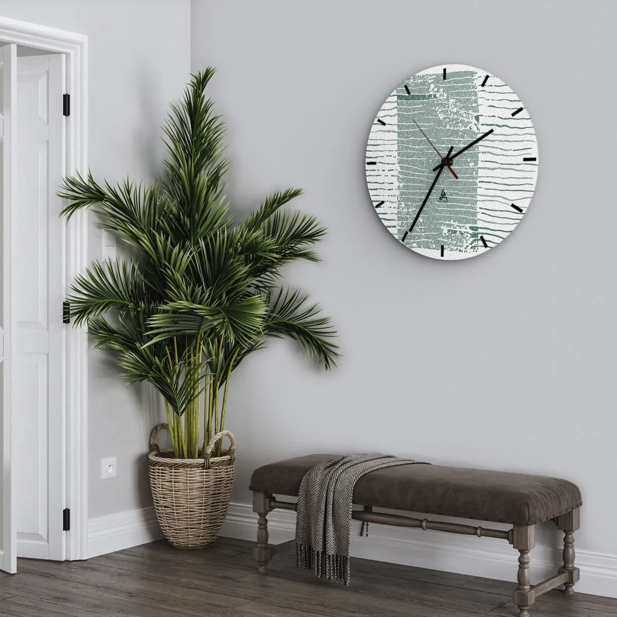 Wall clock - Clock on glass - A graphic composition with horizontal lines in shades of sea green. - 30x30cm - Sea Abstract - Modern wall decoration for the living room, kitchen, and bedroom ARTTOR