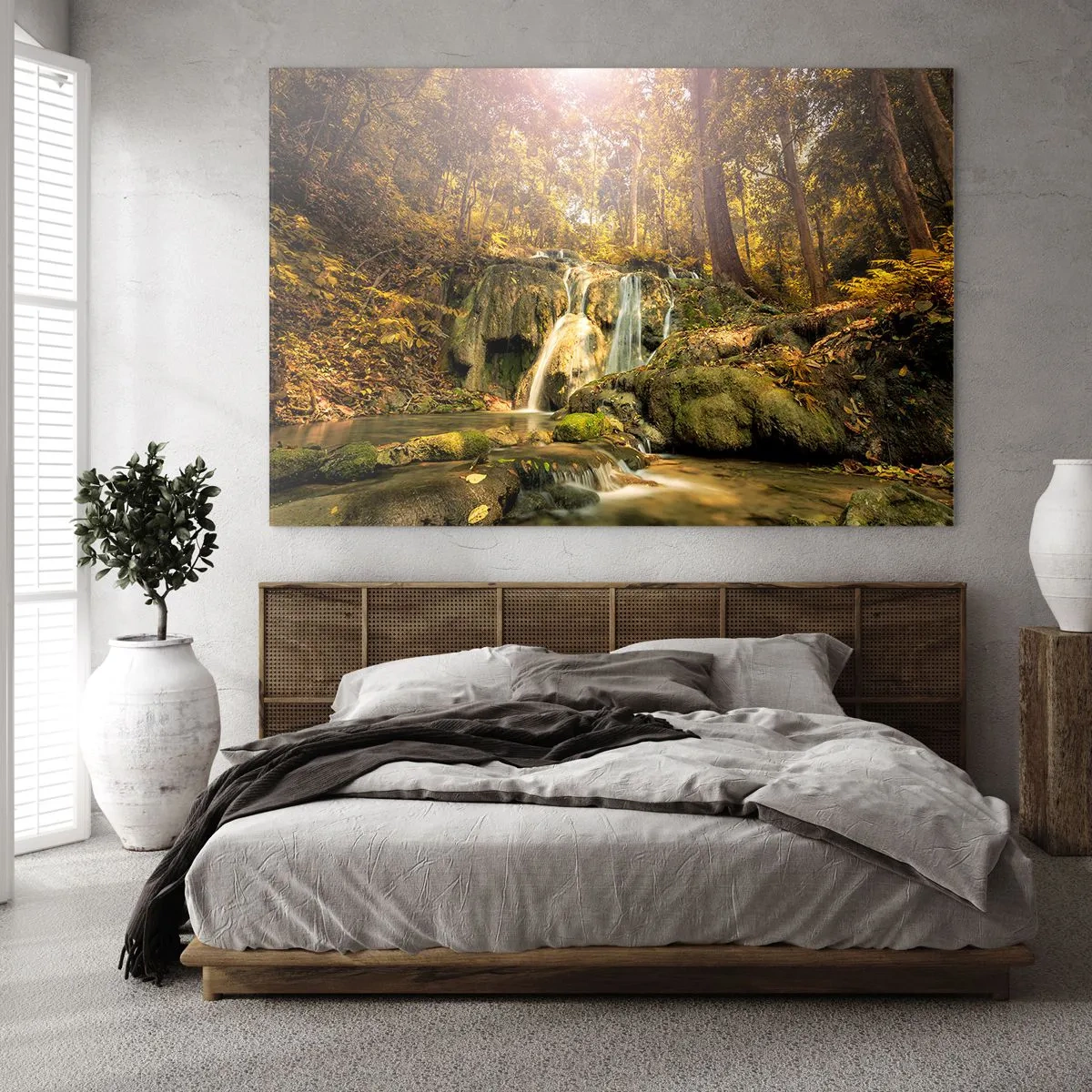 Glass picture - Forest cascade in the greenery - 70x50cm - Forest Cascade in Green - Modern wall decoration for the living room and bedroom ARTTOR