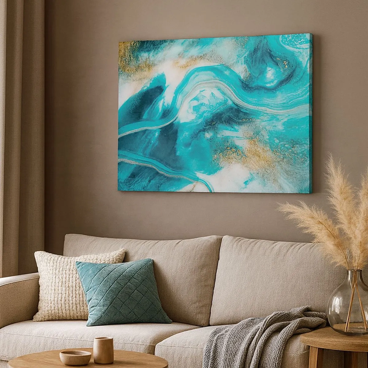 Canvas picture - Turquoise abstraction with white and gold accents - 70x50cm - River of Gold - Modern wall decoration for the living room and bedroom ARTTOR