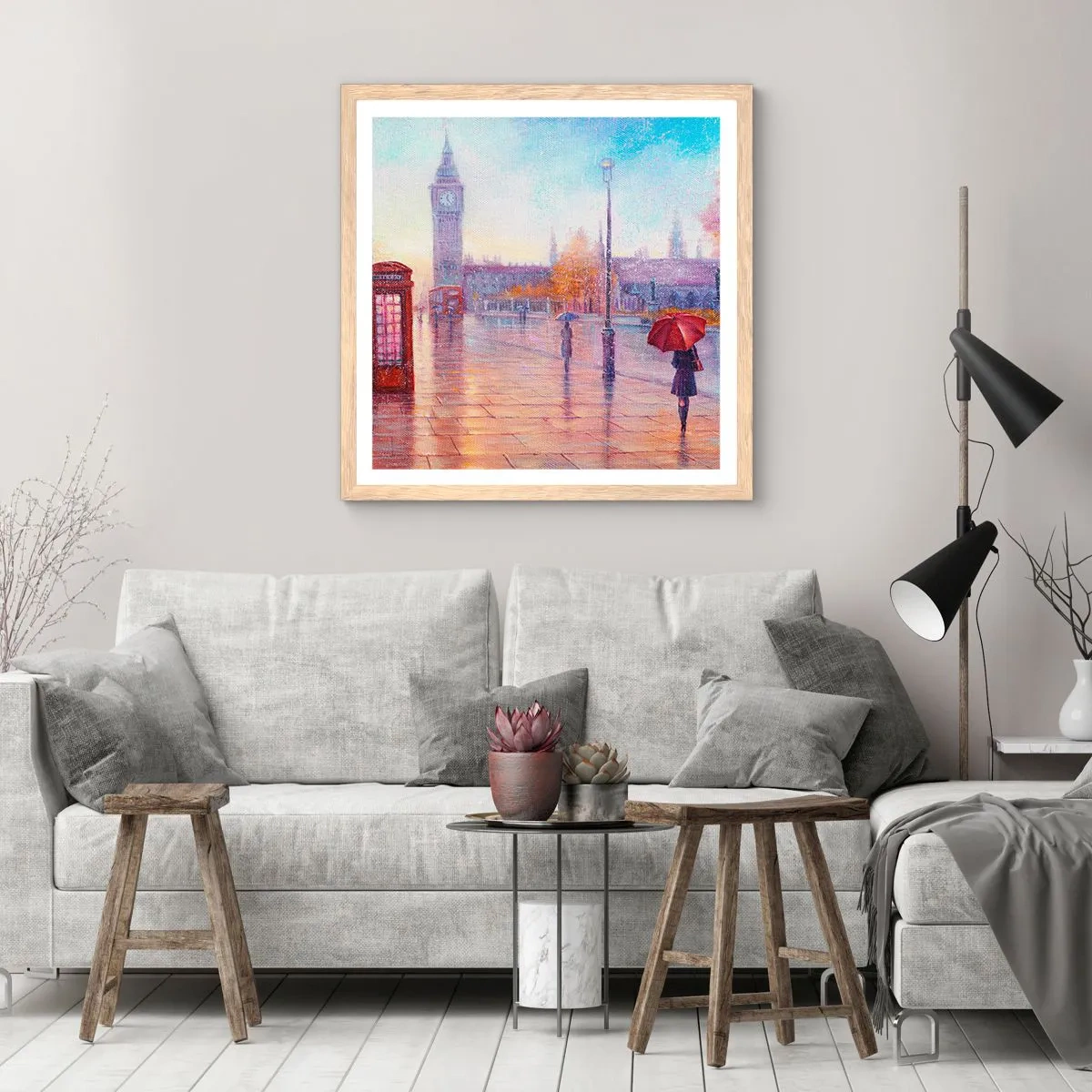 Poster in light oak frame - London Autumn Day - 40x40 cm