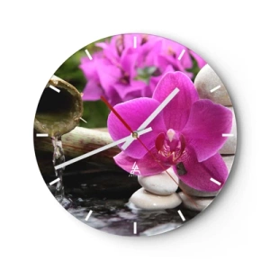 Wall clock - Clock on glass - Purple orchids, bamboo and stones by the water source - 30x30cm - You Are Already Resting - Modern wall decoration for the living room, kitchen, and bedroom ARTTOR
