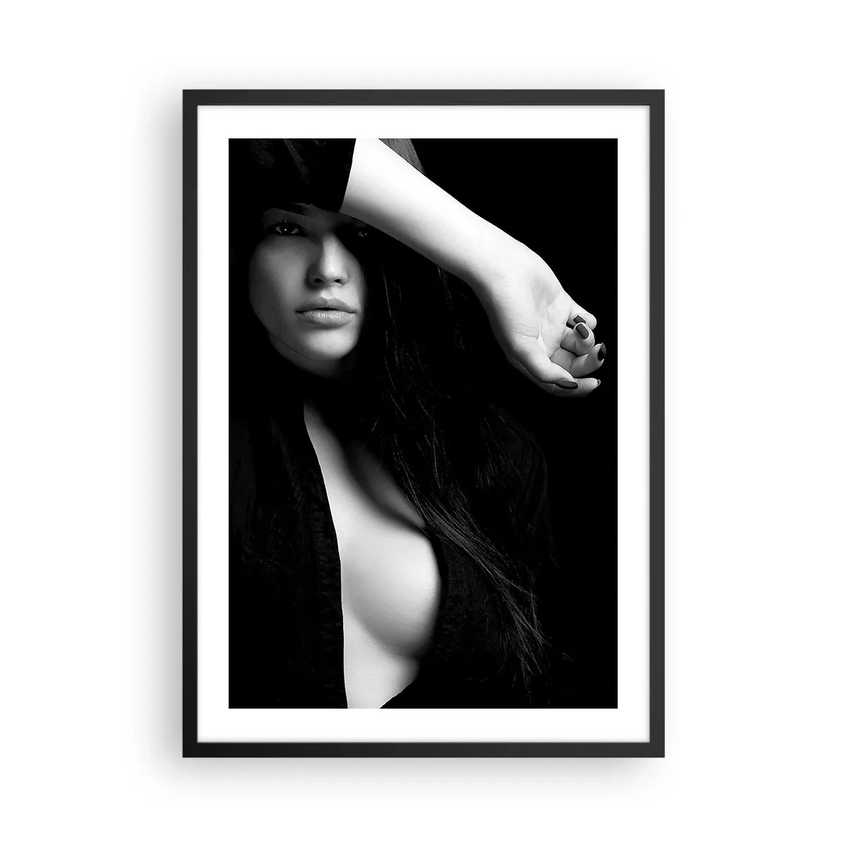 Poster in black frame - Black and white photograph of a woman with a mysterious look - 50x70cm - School of Seduction - Modern wall decoration for the living room and bedroom ARTTOR