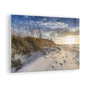 Glass picture - Sandy beach at sunset with grasses by the dune - 70x50cm - Invitation to a Walk - Modern wall decoration for the living room and bedroom ARTTOR