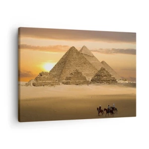 Canvas picture - Pyramids in Egypt at sunset with riders on horses - 70x50cm - For Thousand Years Unchanged - Modern wall decoration for the living room and bedroom ARTTOR