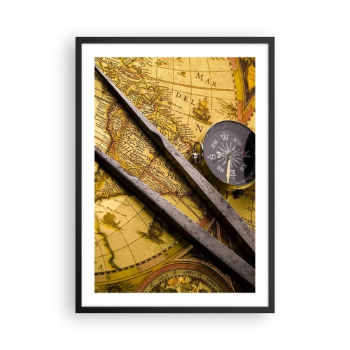 Poster in black frame - Old map with compass and navigation tools - 50x70cm - With a Compass through the Seas - Modern wall decoration for the living room and bedroom ARTTOR