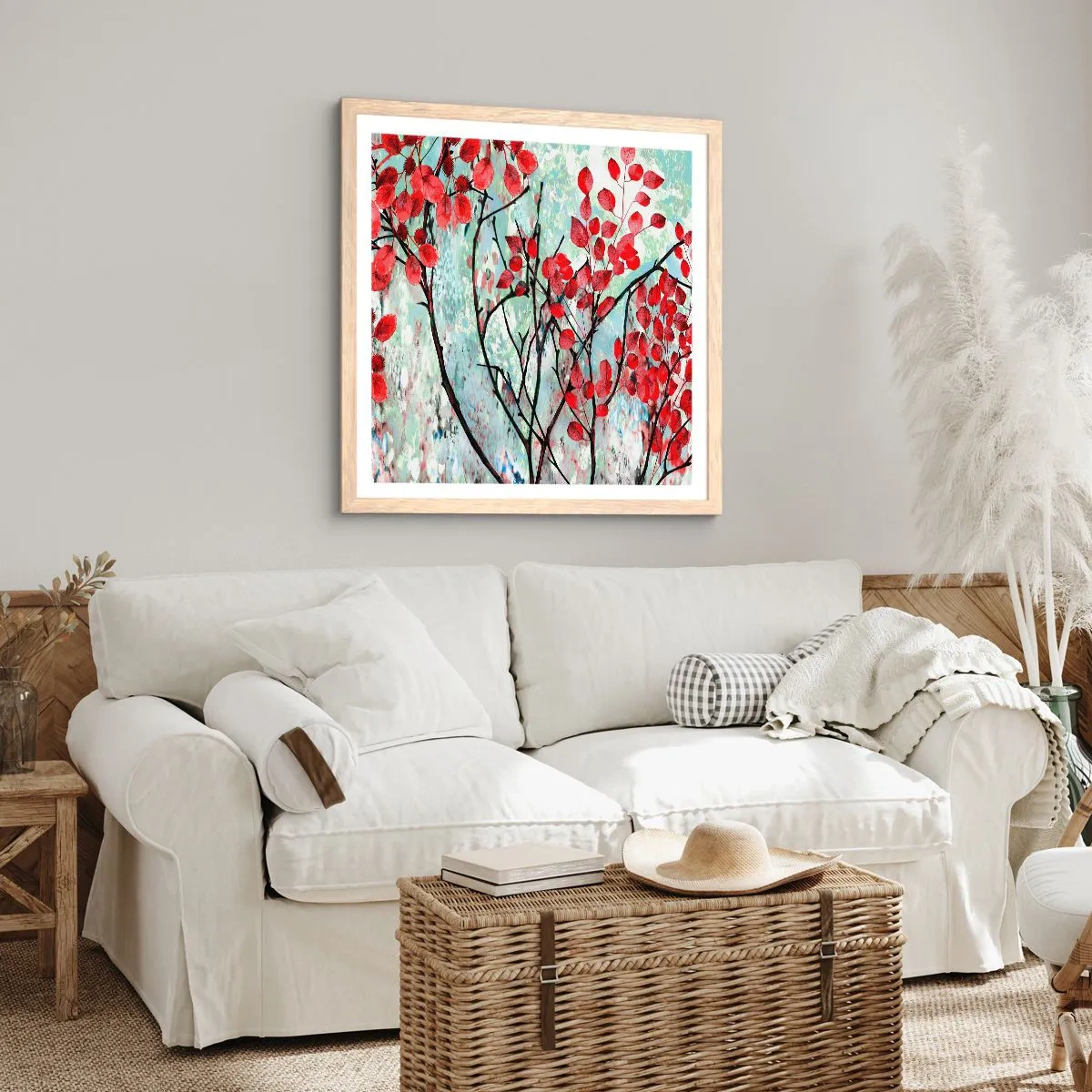 Poster in light oak frame - Tree in Scarlet - 30x30 cm