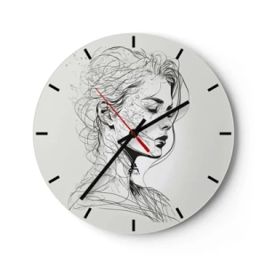 Wall clock - Clock on glass - Black and white sketch of a woman's face in thought - 30x30cm - Portrait in Thoughts - Modern wall decoration for the living room, kitchen, and bedroom ARTTOR