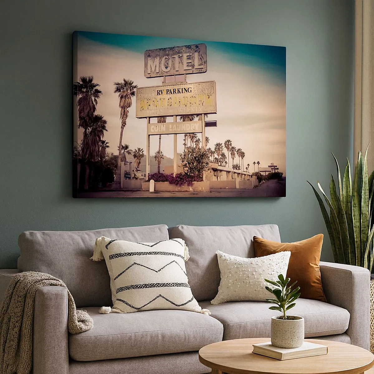 Canvas picture - Retro motel sign surrounded by palm trees - 70x50cm - The Time Stopped Here - Modern wall decoration for the living room and bedroom ARTTOR