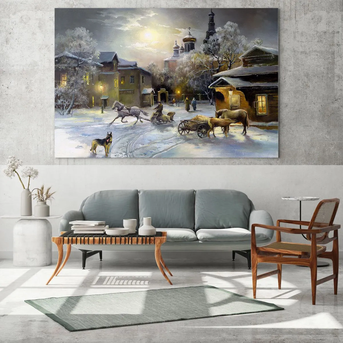 Glass picture - Winter cityscape illuminated by the moonlight - 70x50cm - Magic of Russian Winter - Modern wall decoration for the living room and bedroom ARTTOR