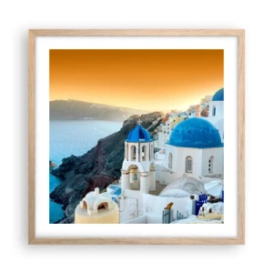 Poster in light oak frame - Santorini - Snuggling up to the Rocks - 50x50 cm