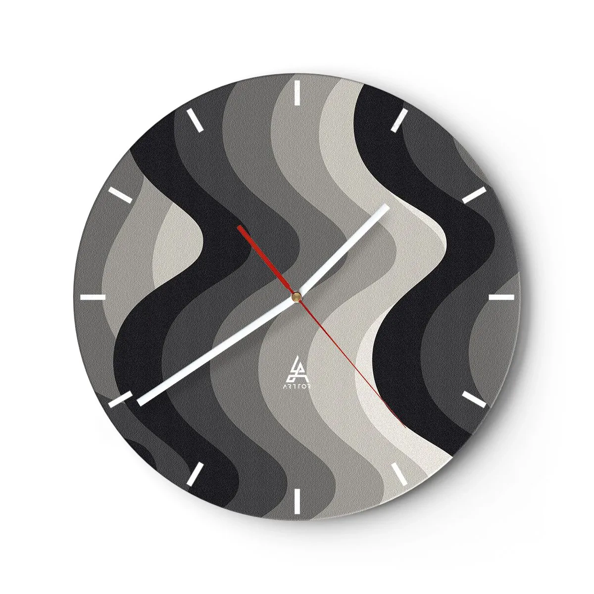 Wall clock - Clock on glass - Wavy stripes in shades of gray and black in the graphic layout - 30x30cm - Wave after Wave - Modern wall decoration for the living room, kitchen, and bedroom ARTTOR
