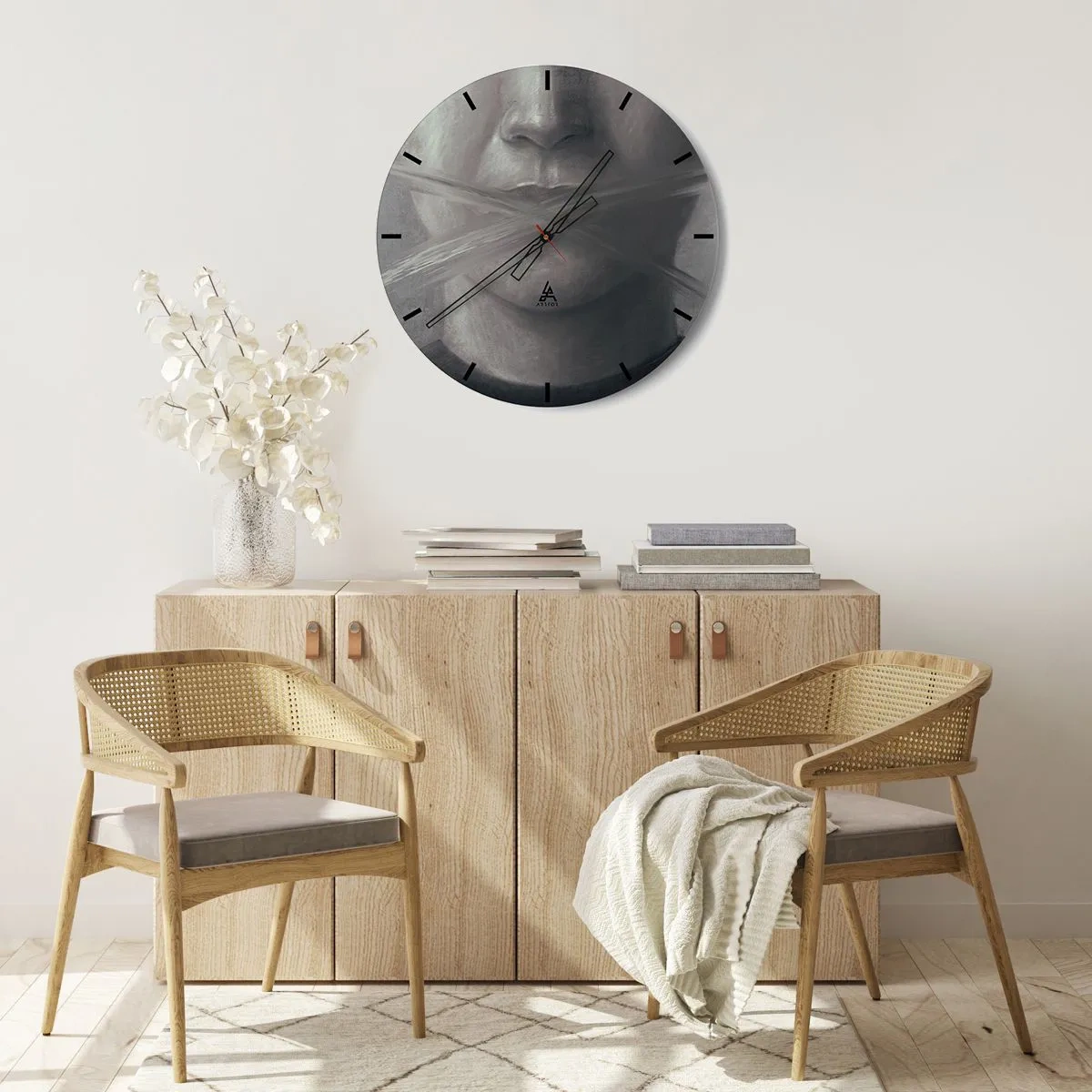 Wall clock - Clock on glass - Black and white portrait with mouth covered with a brush cross - 30x30cm - Not a Word - Modern wall decoration for the living room, kitchen, and bedroom ARTTOR