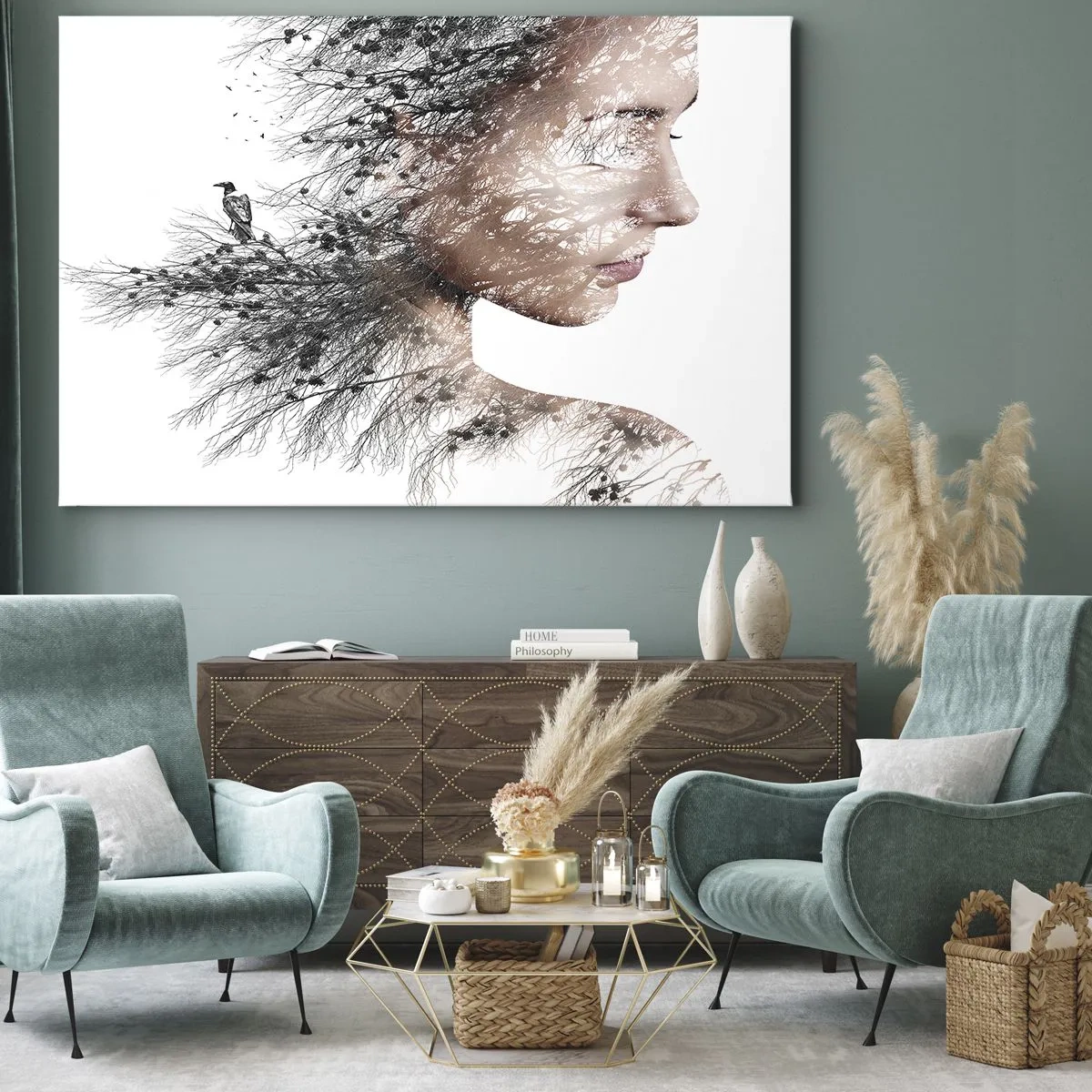 Canvas picture - Silhouette of a woman with a branch and bird motif in the background - 70x50cm - Spirit of a Forest - Modern wall decoration for the living room and bedroom ARTTOR
