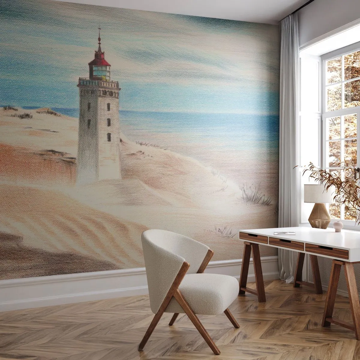 Photo Wallpaper Premium Sand - Always Staring at the Sea - Lighthouse, Beach, Sea - 100x70 cm