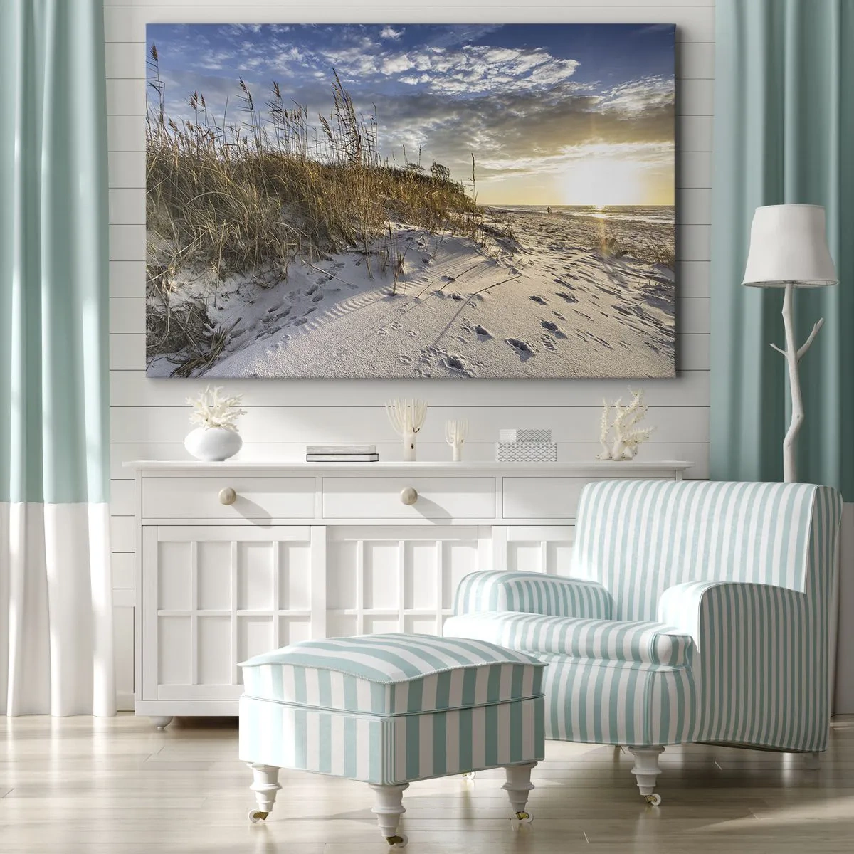 Canvas picture - Dunes with grass and footprints in the sand at sunset - 70x50cm - Invitation to a Walk - Modern wall decoration for the living room and bedroom ARTTOR