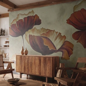 Photo Wallpaper Standard Eco - Painterly poppy flowers in warm shades of brown - 100x70cm - Piece of Meadow - Modern wall decoration for the living room and bedroom ARTTOR