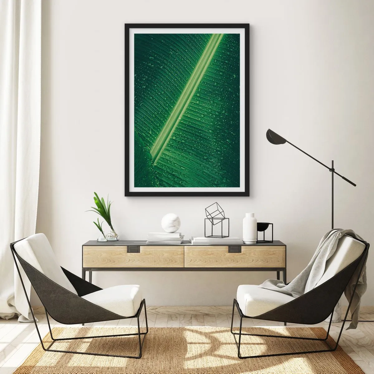 Poster in black frame - Close-up of a green leaf with water drops - 50x70cm - Structure of Green - Modern wall decoration for the living room and bedroom ARTTOR