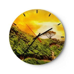 Wall clock - Clock on glass - Green hills in the rays of the setting sun - 30x30cm - Winding Path, Green Slope - Modern wall decoration for the living room, kitchen, and bedroom ARTTOR