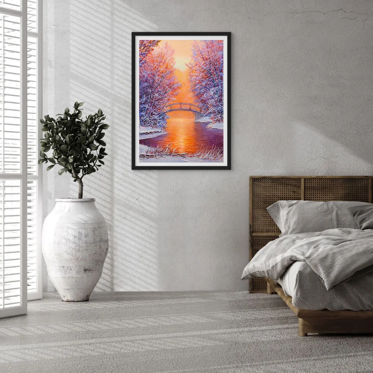 Poster in black frame - Winter landscape with a bridge and the setting sun reflected in the river - 50x70cm - Let's Meet Here - Modern wall decoration for the living room and bedroom ARTTOR