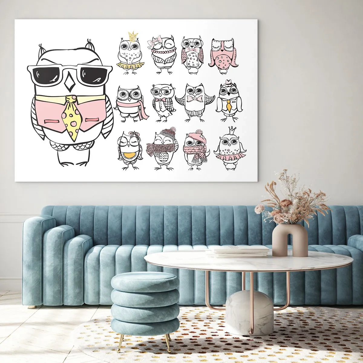 Glass picture - Funny drawings of owls in various styles - 70x50cm - So Many Roles to Play - Modern wall decoration for the living room and bedroom ARTTOR