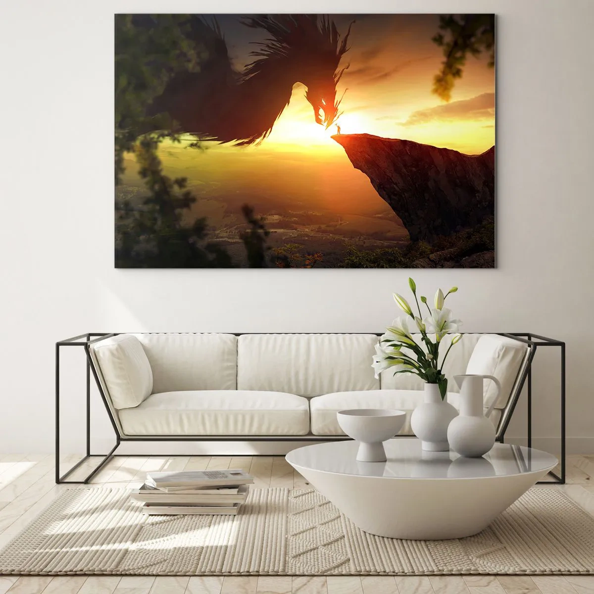 Glass picture - A dragon in the glow of the setting sun over a cliff - 70x50cm - Dragon Slayer - Modern wall decoration for the living room and bedroom ARTTOR