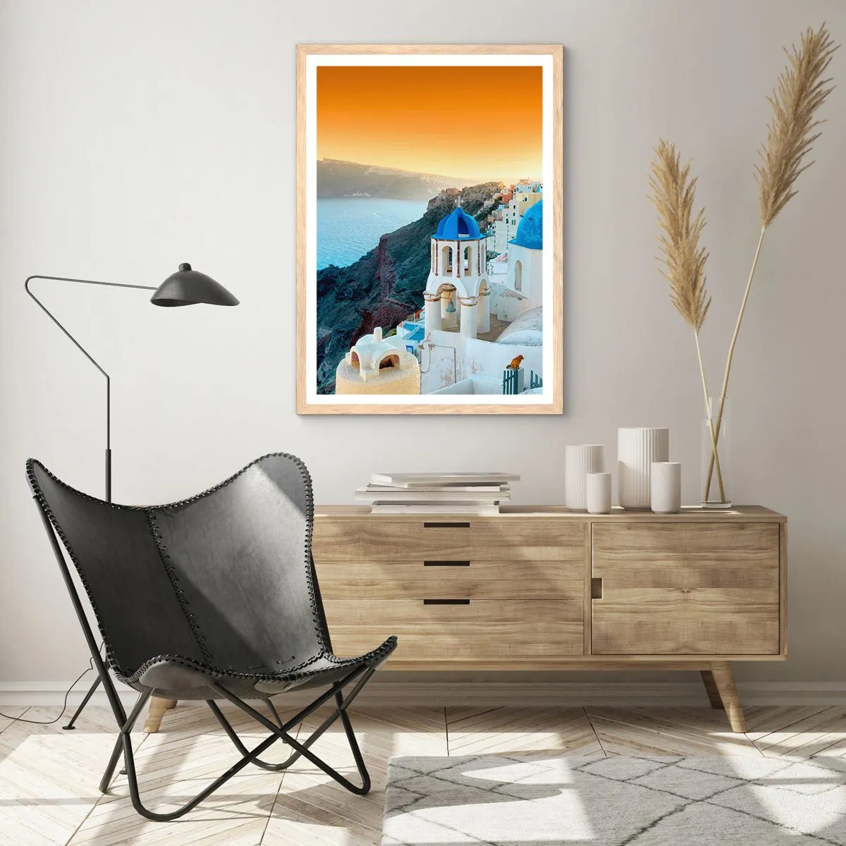 Poster in light oak frame - Santorini - Snuggling up to the Rocks - 30x40 cm