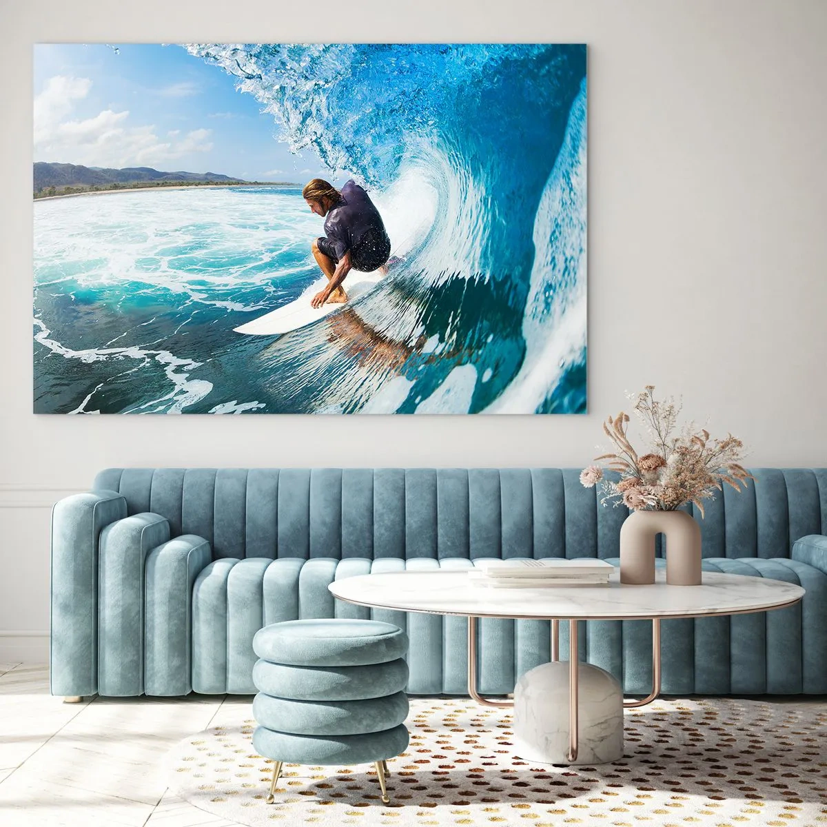 Glass picture - Surfer in a water tunnel with the ocean in the background - 70x50cm - Dancing with Waves - Modern wall decoration for the living room and bedroom ARTTOR