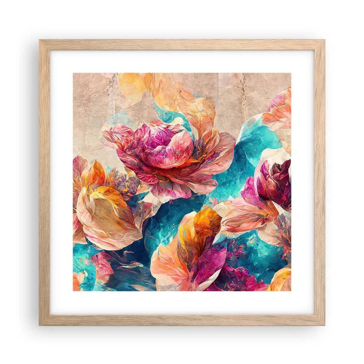 Poster in light oak frame - Colourful Splendour of a Bouquet - 40x40 cm