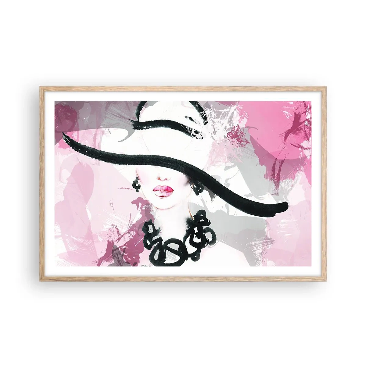 Poster in light oak frame - Portrait of a Lady in Black and Pink - 91x61 cm