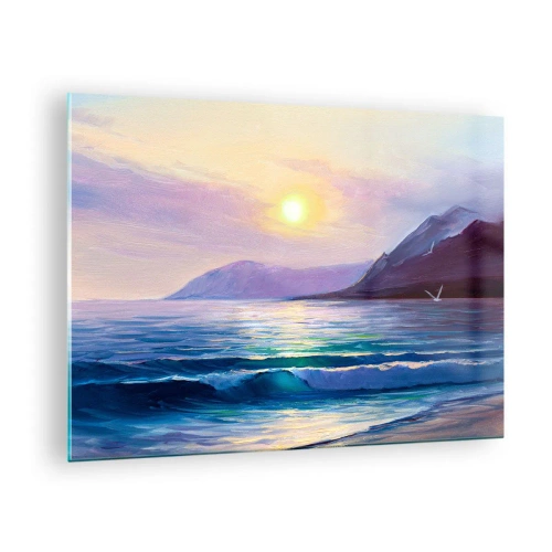 Glass picture - A picturesque sunset over the calm sea and mountains - 70x50cm - Crystal of Water and Air - Modern wall decoration for the living room and bedroom ARTTOR