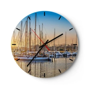 Wall clock - Clock on glass - Marina with sailboats in the light of the setting sun - 30x30cm - Wind Has to Sleep Too - Modern wall decoration for the living room, kitchen, and bedroom ARTTOR