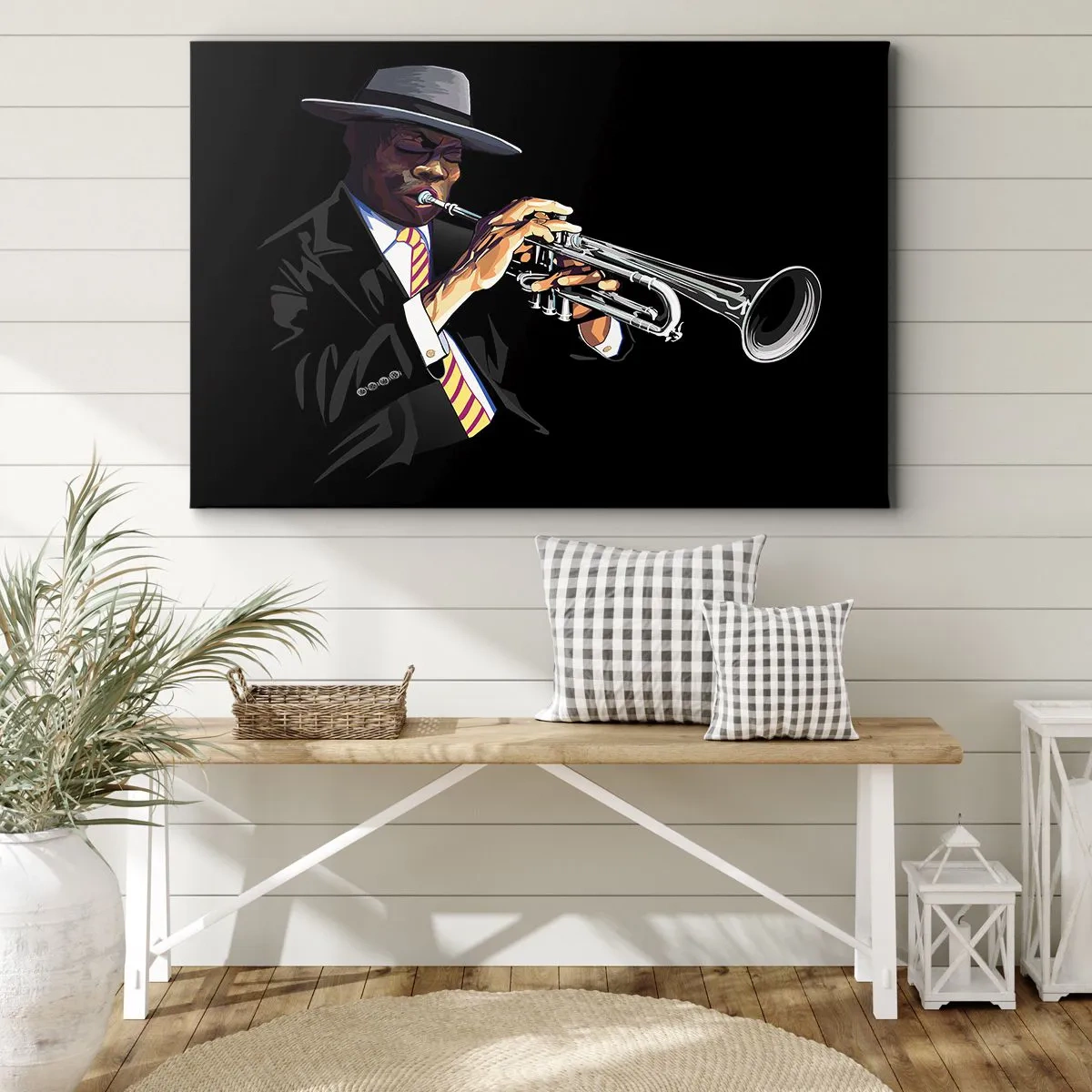 Canvas picture - A musician playing the trumpet against a black background - 70x50cm - Charm of Old School - Modern wall decoration for the living room and bedroom ARTTOR