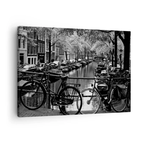 Canvas picture - Canal with bicycles in black and white photography - 70x50cm - A Very Dutch View - Modern wall decoration for the living room and bedroom ARTTOR
