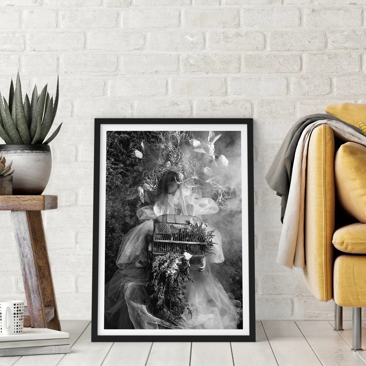 Poster in black frame - A woman in a dress surrounded by nature in a black and white photograph - 50x70cm - Mother Nature - Modern wall decoration for the living room and bedroom ARTTOR
